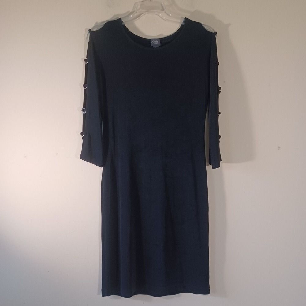 Chicos Travelers‎ Black Dress Small Slinky Liquid Knit 3/4 Sleeve Knee Length